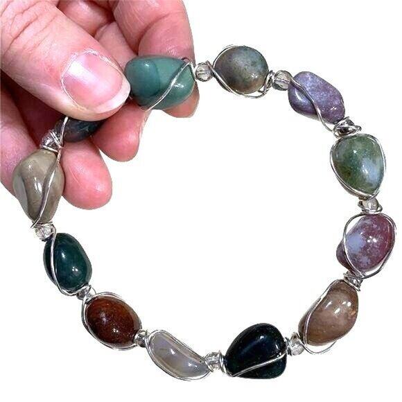 Multicolored Woven Stone Bracelet with Silver Elements Slip On Fashion Jewelry - Picture 4 of 7